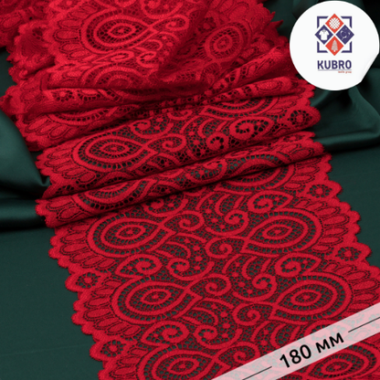 Стрейч-кружева, эни 180мм, ранги №100 қизил, қадоғи 25м.