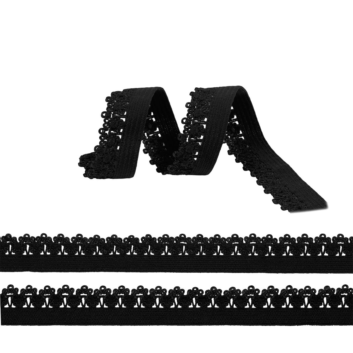 Ички кийим учун ажурли резинка, 12 мм, қора ранг, 1000 метрлик ўрам.