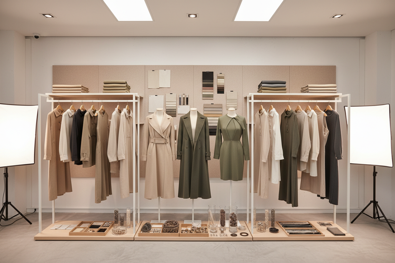 High-end fashion studio scene showing ready-made clothing models with matching textile accessories and fabrics. A neatly arranged display of coats, dresses, shirts, scarves, belts, buttons, zippers, elastics, cords, and fabric swatches. Warm modern lighting, soft shadows, neutral beige + olive + gray palette. Minimalistic layout, clean background, no clutter, premium editorial look. Perfect product photography style for e-commerce textile industry. Ultra sharp, realistic textures, detailed fabrics (wool, co