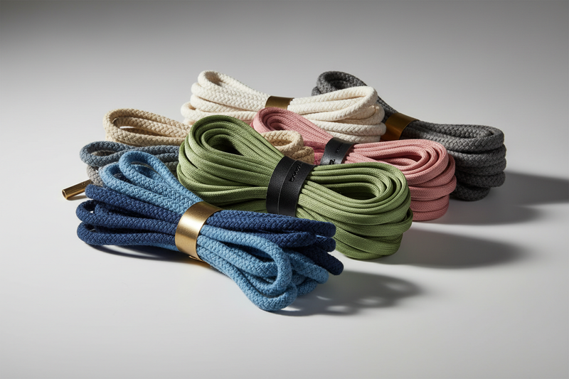 High-end product photography of textile cords and drawstrings for clothing, neatly arranged in color-coordinated bundles. Soft light, smooth shadows, premium textile textures, cotton + polyester material detail, realistic fabric braiding, macro-quality, clean neutral background, modern fashion accessory aesthetic. Ultra sharp, 4K commercial quality, e-commerce studio style.
